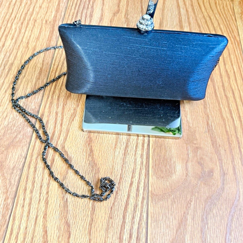 Womens Black Clutch Evening Bag Rhinestone Accent Chain Strap Snap Lined